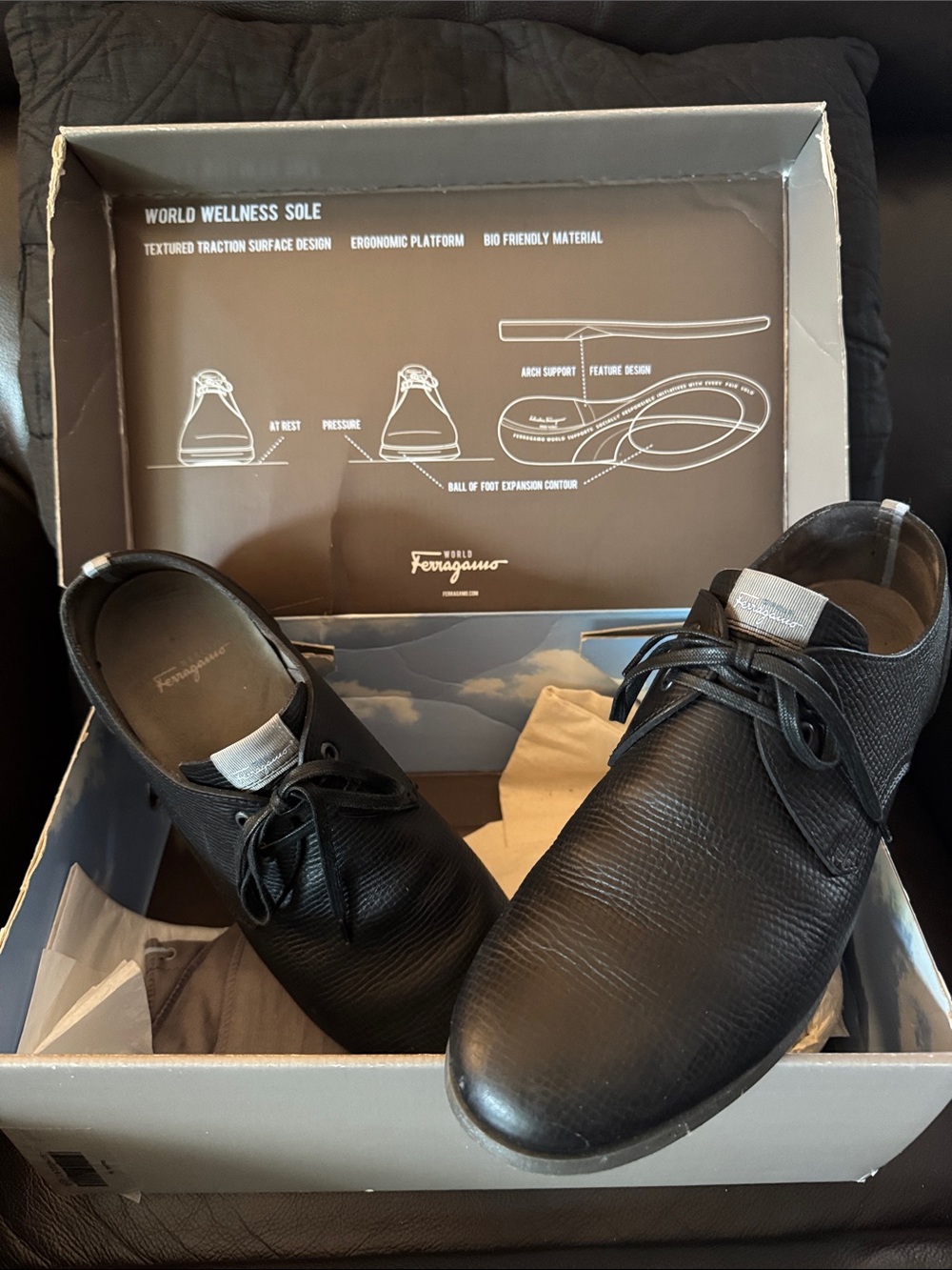 Salvatore Ferragamo Black Textured Leather Derby Shoes with Laces